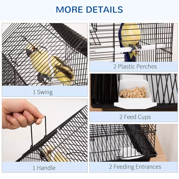 PawHut Metal Bird Cage for Finch, Canary w/ Food Containers, Swing Ring, Tray, Handle, 39 x 33 x 47cm - 4