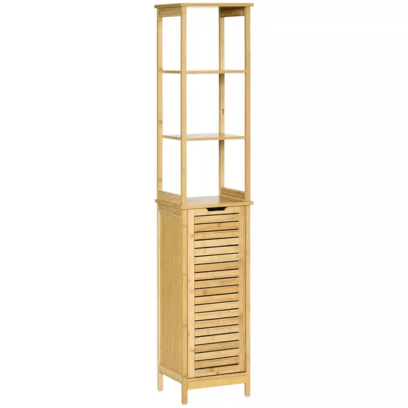 kleankin Tall Bathroom Cabinet, Slim Storage Cabinet, Tallboy Bamboo Storage Unit with 3-Tier Storage Shelves and Freestanding Organiser, Natural - 1