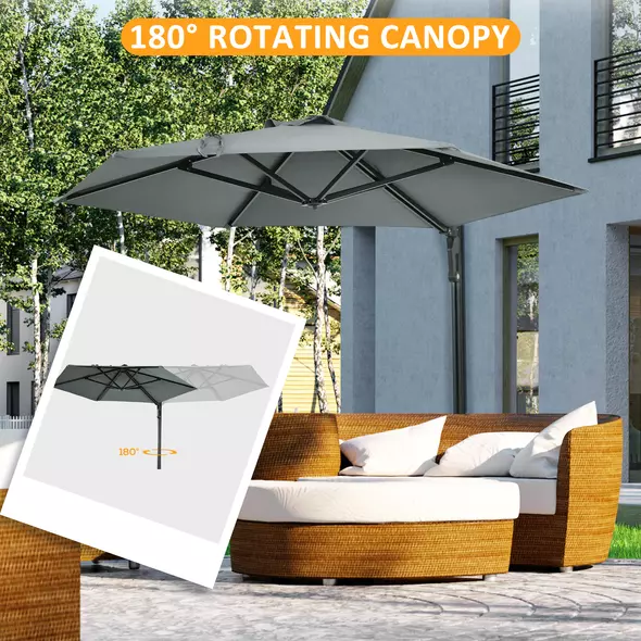 Outsunny 2.5m Wall Mounted Parasol, Hand to Push Outdoor Patio Umbrella with 180 Degree Rotatable Canopy for Porch, Deck, Garden, 250 cm, Grey - 4