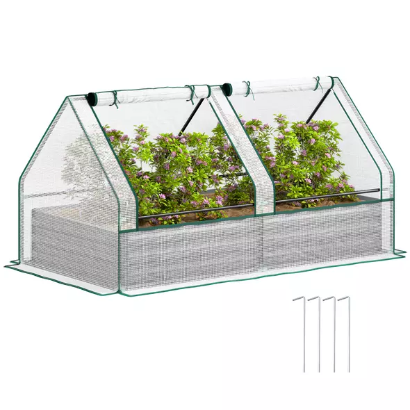 Outsunny Metal Planter Box with Cover, Raised Garden Bed with Greenhouse, for Herbs and Vegetables, White and Dark Grey - 1
