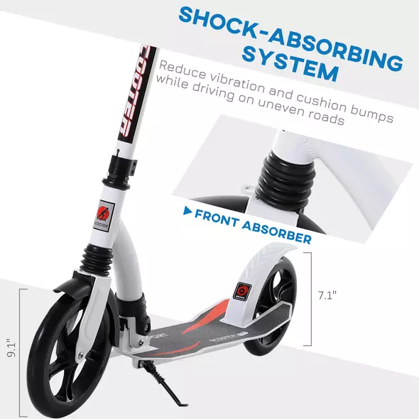 HOMCOM Foldable Kick Scooter with Double Shock Absorption and Big Wheels, Height Adjustable Aluminium Frame Big Wheel Scooter for 14+ Teens Adult - White - 7