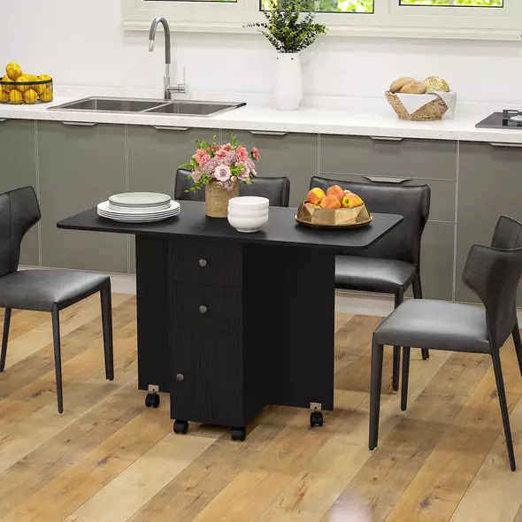 HOMCOM Multi-Storage Six-Person Drop Leaf Dining Table -  Distressed Black - 8