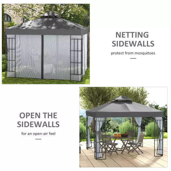 Outsunny 3 x 3(m) Patio Gazebo Canopy Garden Pavilion Tent Shelter with 2 Tier Roof and Mosquito Netting, Steel Frame, Grey - 6