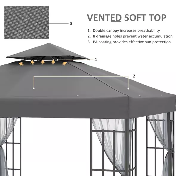 Outsunny 3 x 3(m) Patio Gazebo Canopy Garden Pavilion Tent Shelter with 2 Tier Roof and Mosquito Netting, Steel Frame, Grey - 4