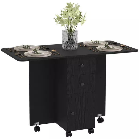 HOMCOM Multi-Storage Six-Person Drop Leaf Dining Table -  Distressed Black - 1