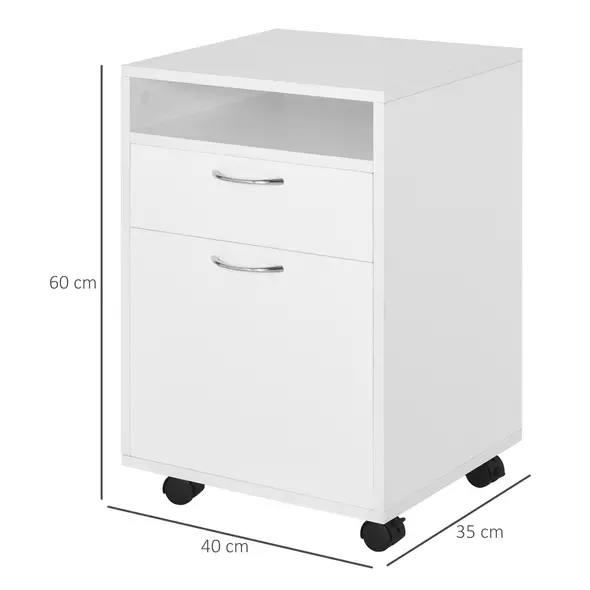 HOMCOM 60cm Filing Cabinet with Drawer, Open Shelf, Metal Handles and 4 Wheels, Office Home Organiser Mobile Printer, White - 3