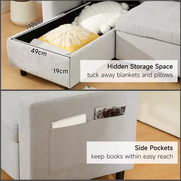 HOMCOM Pull Out Sofa Bed with Storage - Light Grey - 5