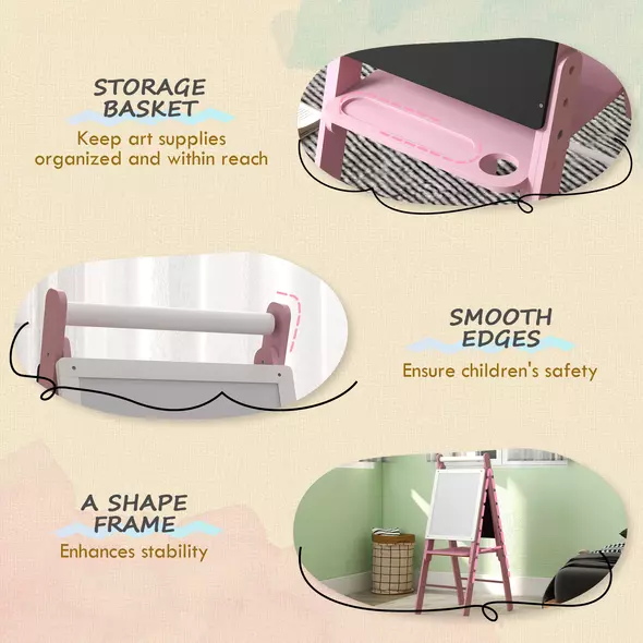 AIYAPLAY Three-In-One Easel for Kids, with Paper Roll, Adjustable Height - Pink - 6