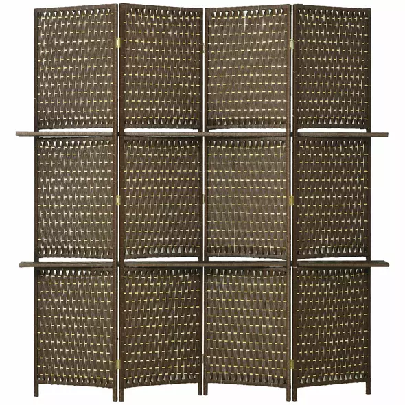 HOMCOM 4-Panel Room Dividers with Shelves, Wave Fibre Freestanding Folding Privacy Screen Panels, Partition Wall Divider for Indoor Bedroom Office, 180 cm, Brown - 1