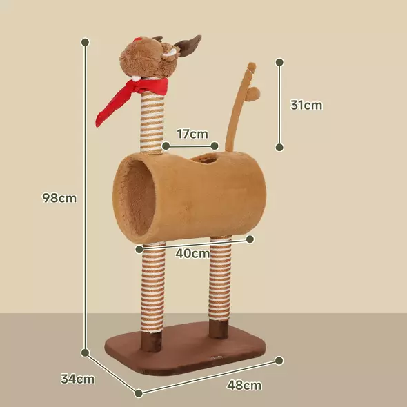 PawHut 98cm Deer-Designed Cat Tree with Scratching Posts, Toy Ball, Tunnel, Brown - 3