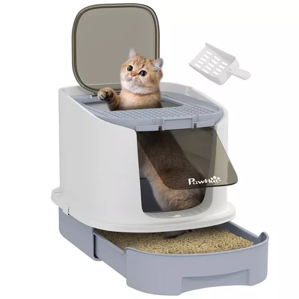 PawHut Cat Litter Box with Lid, Scoop, Deodorisation Bags, Top Entry - 1