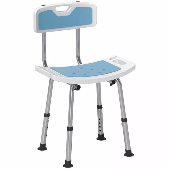 HOMCOM Shower Stool with Backrest, Height Adjustable Shower Chair with Anti-slip Foot Pads, Shower Head Holder, Light Blue - 1
