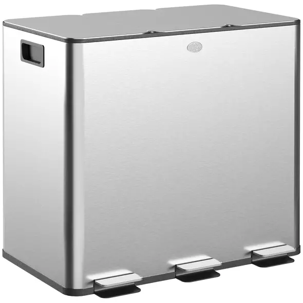 HOMCOM 3 x 15L Pedal Bin, Steel Triple Kitchen Bin with Soft Close Lid, Removable Inner Buckets, Fingerprint-Proof, Silver Tone - 1