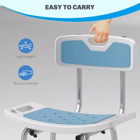 HOMCOM Shower Stool with Backrest, Height Adjustable Shower Chair with Anti-slip Foot Pads, Shower Head Holder, Light Blue - 8