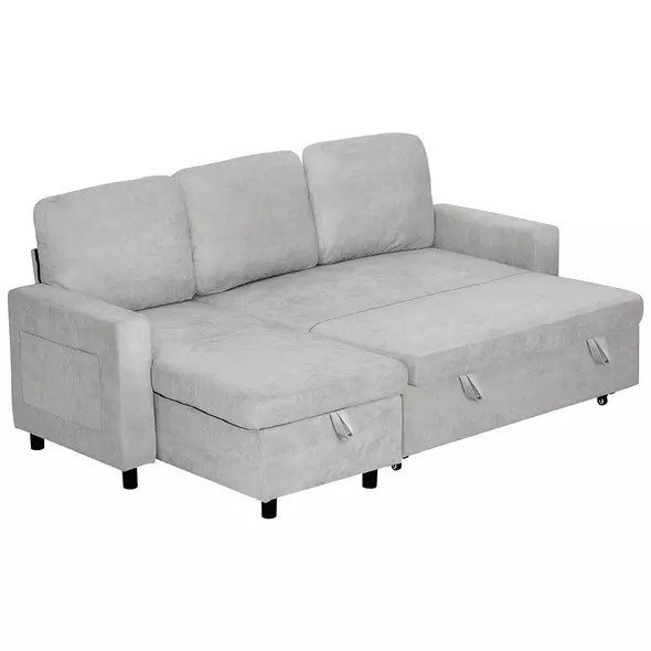 HOMCOM Pull Out Sofa Bed with Storage - Light Grey - 1