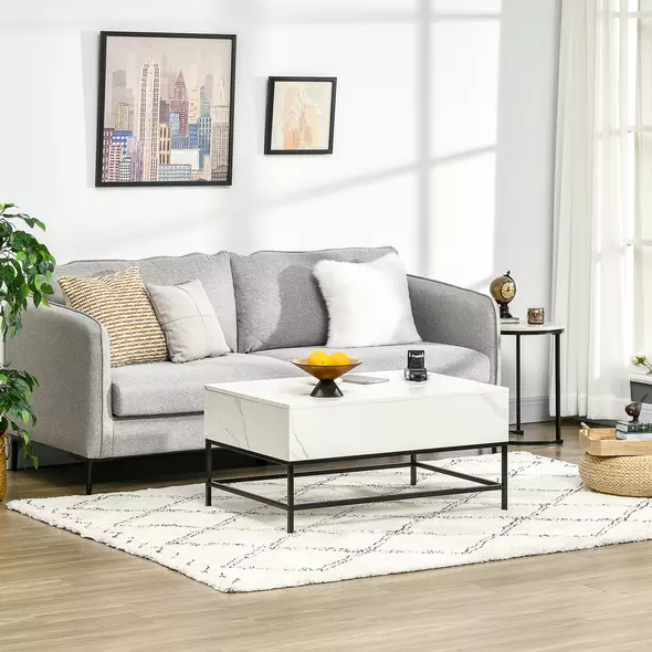 HOMCOM Modern Lifting Coffee Table with Hidden Compartment, Storage Coffee Table for Living Room, Faux Marble White - 7
