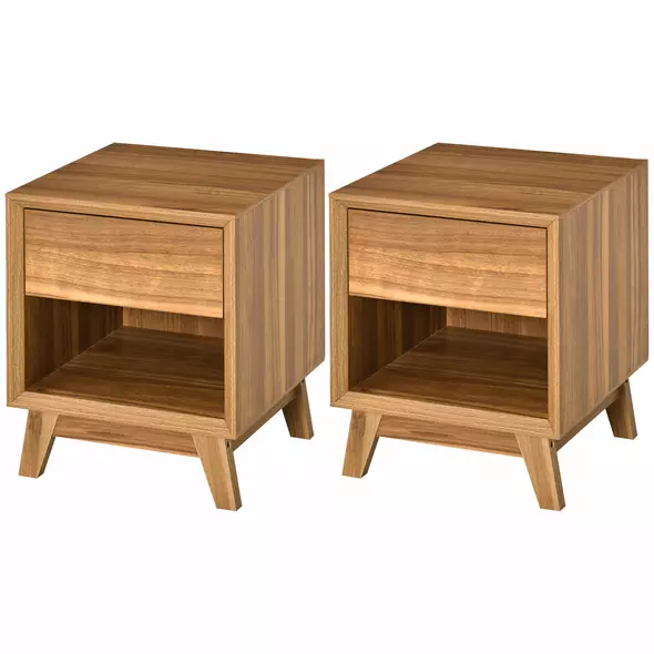 HOMCOM Modern Bedside Table Nightstand, Living Room End Table, Side Table with Drawer and Shelf, Set of 2, Walnut Brown - 9