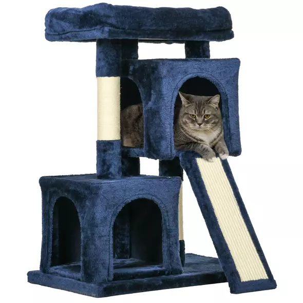 PawHut Sisal Cat Rest & Play Activity Tree w/ 2 House Navy Blue - 1
