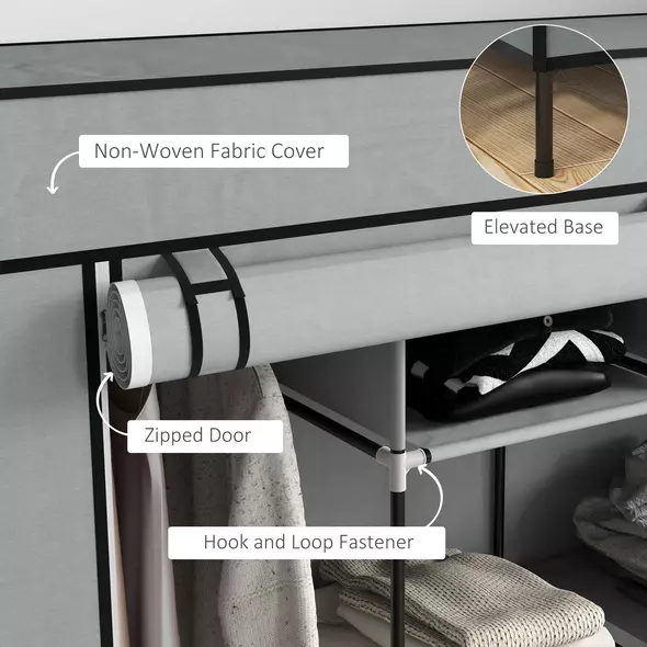 HOMCOM Fabric Wardrobe for Bedroom, Portable Cloth Wardrobe with 10 Compartments, 2 Hanging Rails and 4 Fabric Drawers, 166 x 42.5 x 169.5cm, Dark Grey - 5