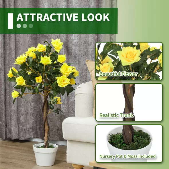Outsunny Set of 2 Artificial Plants White Rose Floral in Pot, Fake Plants for Home Indoor Decor, 90cm, Yellow - 5