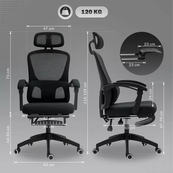 HOMCOM Ergonomic Office Chair, Mesh High Back Desk Chair with Adjustable Lumbar Support and Headrest, Footrest, Reclining Executive Swivel Computer Chair for Home Study, Black - 3