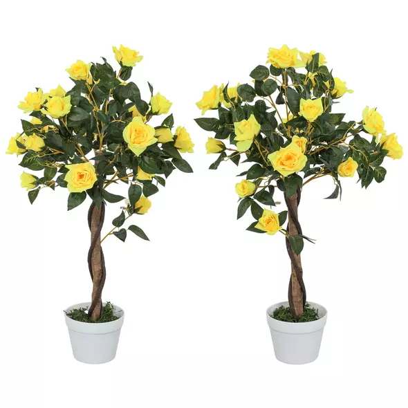 Outsunny Set of 2 Artificial Plants White Rose Floral in Pot, Fake Plants for Home Indoor Decor, 90cm, Yellow - 1