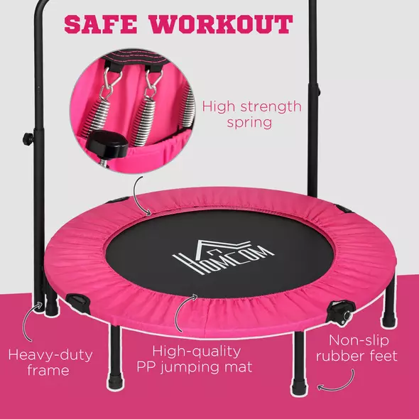 HOMCOM 40" Foldable Mini Fitness Trampoline, with Adjustable Foam Handle, Pink - 6