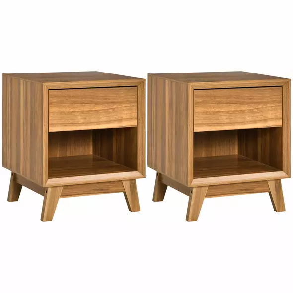 HOMCOM Modern Bedside Table Nightstand, Living Room End Table, Side Table with Drawer and Shelf, Set of 2, Walnut Brown - 1