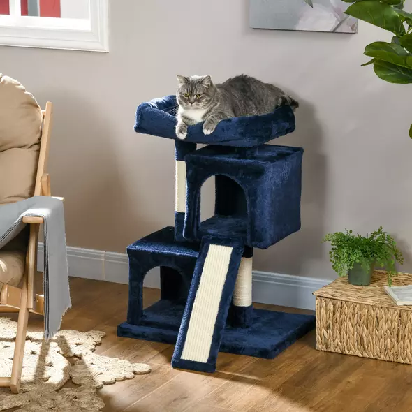 PawHut Sisal Cat Rest & Play Activity Tree w/ 2 House Navy Blue - 2