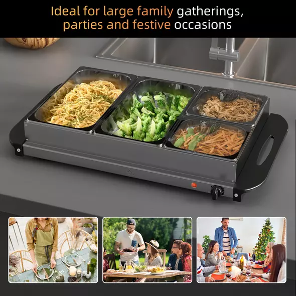 HOMCOM 4 Tray Electric Food Warmer Buffet Server with Warming Plate, Cool Touch Handles, Adjustable Temperature, 300W, 2 x 2.4L and 2 x 1L Pans - 4