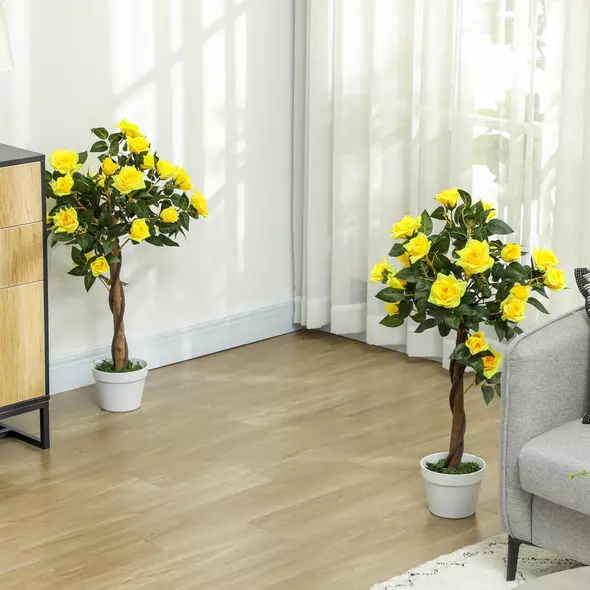 Outsunny Set of 2 Artificial Plants White Rose Floral in Pot, Fake Plants for Home Indoor Decor, 90cm, Yellow - 2