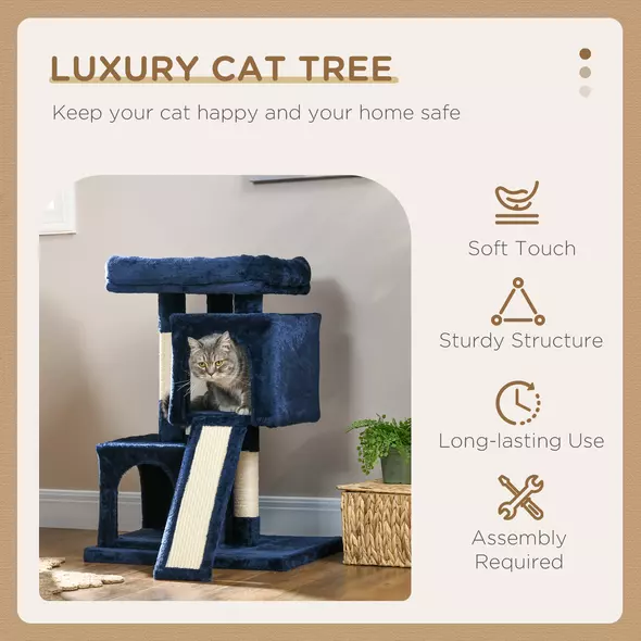 PawHut Sisal Cat Rest & Play Activity Tree w/ 2 House Navy Blue - 4