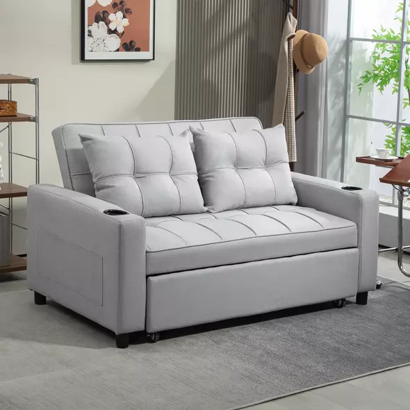 HOMCOM Two-Seater Pull-Out Sofa Bed - Light Grey - 2