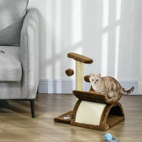 PawHut Cat Tree, Cat Tower for Kittens with Rotatable Top Bar, Sisal Scratching Post, Tunnel, Dangling Balls - Brown - 2