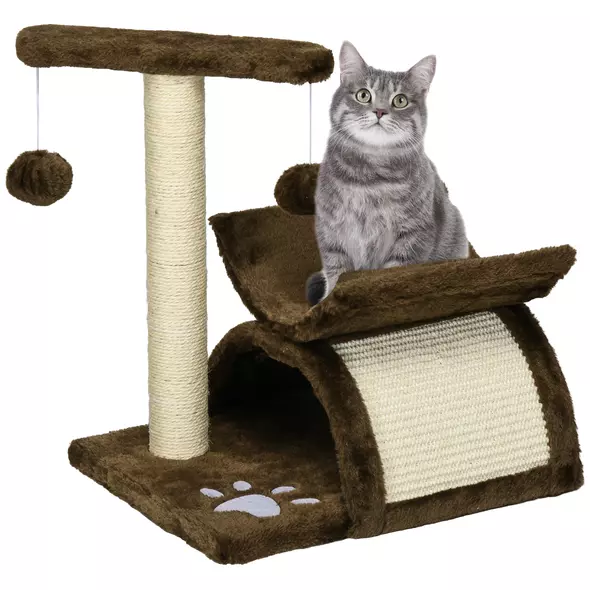 PawHut Cat Tree, Cat Tower for Kittens with Rotatable Top Bar, Sisal Scratching Post, Tunnel, Dangling Balls - Brown - 1