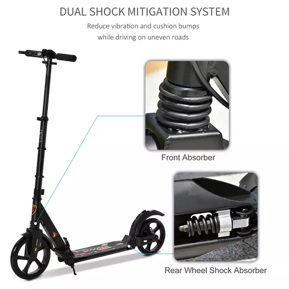 HOMCOM Kick Scooter, Folding 2 Wheel Scooter with Dual Brake System, Dual Suspension, 230mm Big Wheels and 3 Adjustable Handlebar, for 14+ Teens Adults, up to 100KG, Black - 4