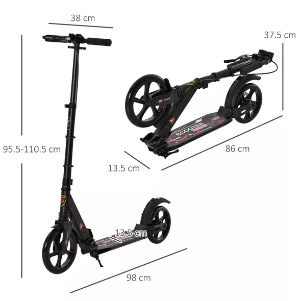 HOMCOM Kick Scooter, Folding 2 Wheel Scooter with Dual Brake System, Dual Suspension, 230mm Big Wheels and 3 Adjustable Handlebar, for 14+ Teens Adults, up to 100KG, Black - 3