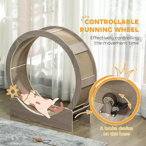 PawHut Cat Wheel with Brake, Scratching Pads - Walnut Brown - 6