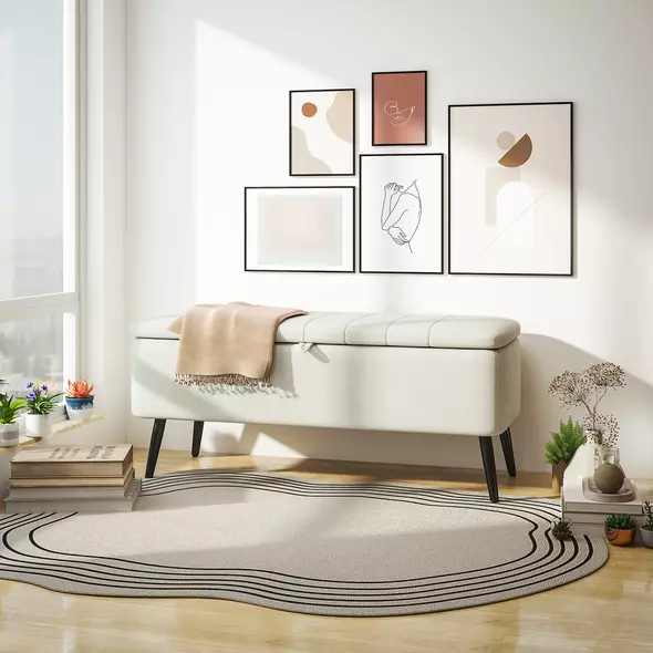 HOMCOM Linen-Look 92 x 31cm Storage Ottoman - Cream White - 2