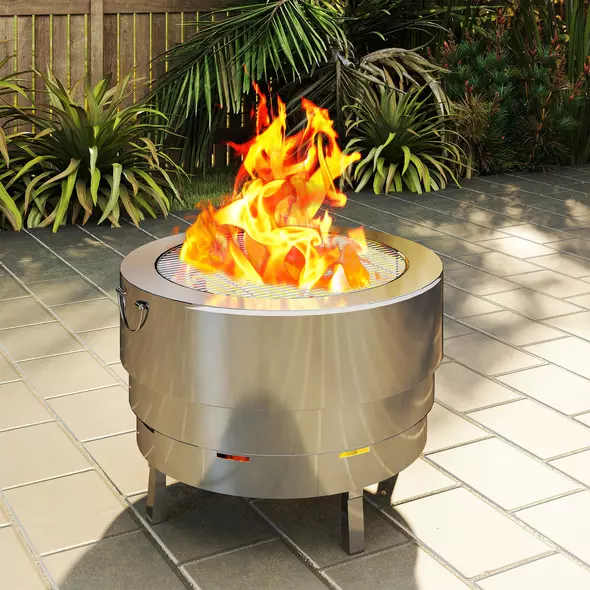 Outsunny Stainless Steel Wood-burning Fire Pit with Fire Poker - Silver - 9
