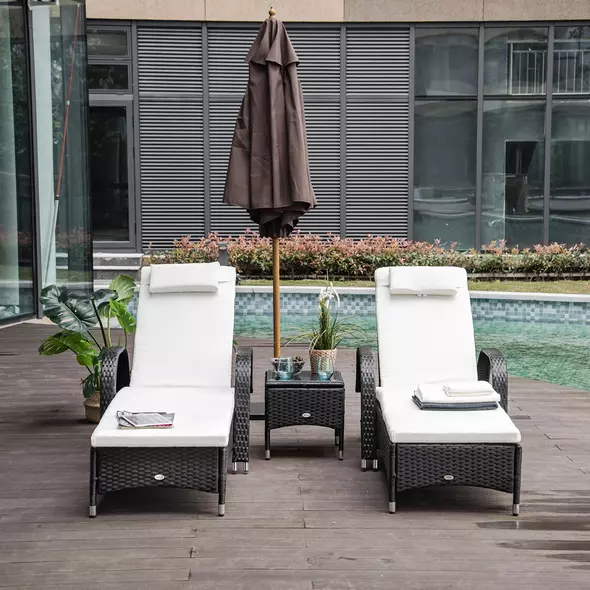 Outsunny 2 Seater Rattan Sun Lounger Set with Side Table Black - 2