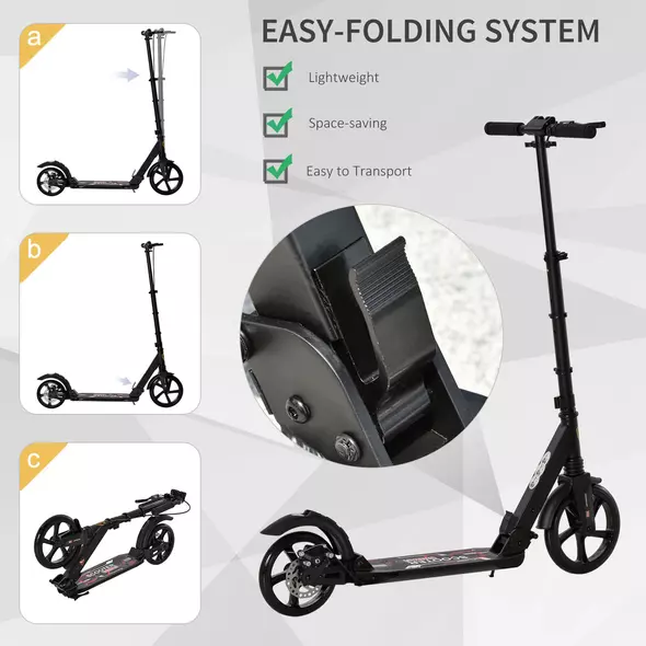 HOMCOM Kick Scooter, Folding 2 Wheel Scooter with Dual Brake System, Dual Suspension, 230mm Big Wheels and 3 Adjustable Handlebar, for 14+ Teens Adults, up to 100KG, Black - 7