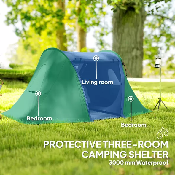 Outsunny 3 Man Camping Tent with Living Area and 2 Bedrooms, 3000mm Waterproof Family Tent with Sewn-in Groundsheet and bag, Portable Dome Shelter for Hiking, Festival, Backpacking, Drak Grey - 4