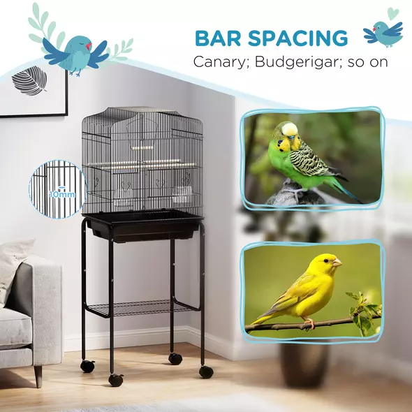 PawHut Bird Cage Budgie Cages for Finch Canary Parakeet with Stand Wheels Slide-out Tray Accessories Storage Shelf, Black - 6