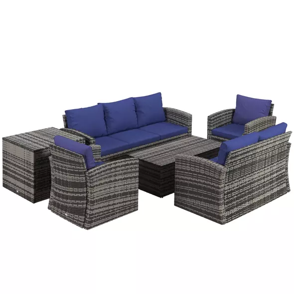 Outsunny 6 Pieces Rattan Garden Furniture Set, 7 Seater Wicker Outdoor Furniture Set with Storage Tea Table & Side Table, Sectional Garden Sofa Set with Cushions, Navy Blue - 1