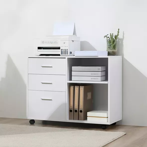 HOMCOM Freestanding Printer Stand Unit Office Desk Side Mobile Storage w/ Wheels 3 Drawers, 2 Open Shelves Modern Style 80L x 40W x 65H cm - White - 7