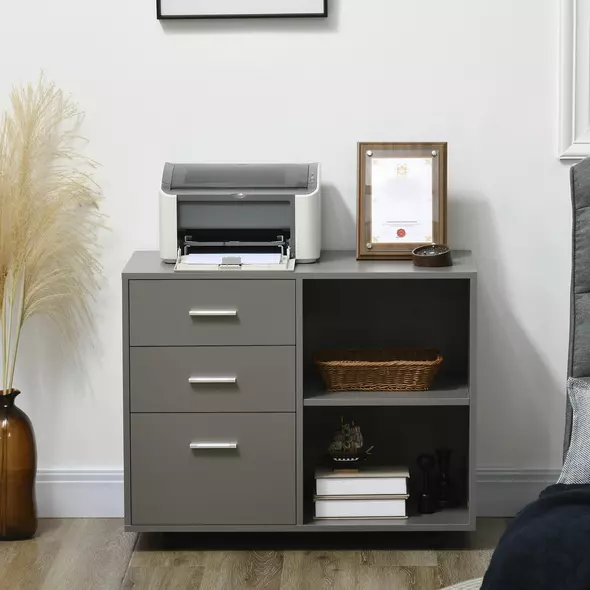 HOMCOM Freestanding Printer Stand Unit Office Desk Side Mobile Storage w/ Wheels 3 Drawers, 2 Open Shelves Modern Style 80L x 40W x 65H cm - Grey - 7