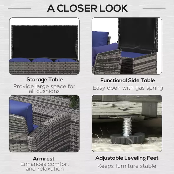 Outsunny 6 Pieces Rattan Garden Furniture Set, 7 Seater Wicker Outdoor Furniture Set with Storage Tea Table & Side Table, Sectional Garden Sofa Set with Cushions, Navy Blue - 6