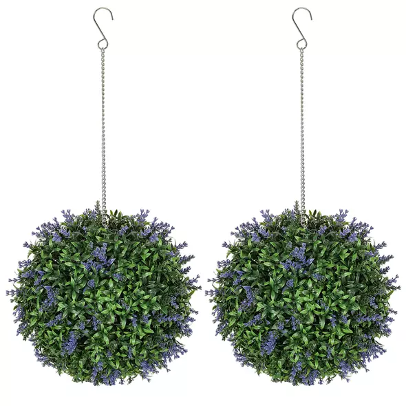 HOMCOM Set of 2 Artificial Plant Topiary Balls, UV-protected Fake Decorative Plants, Purple - 1