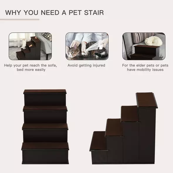 PawHut 4 Step Dog Steps for Bed, Wooden Dog Steps for Sofa, Pet Stairs for Bed Couch with Non-Slip Carpet for Cats and Puppies, 40 x 59 x 54.2 cm, Dark brown - 5